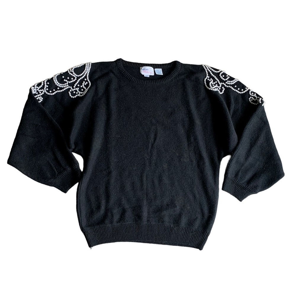 Vtg 80s 90s Avon Fashions angora silk abstract pearl beaded knit sweater black